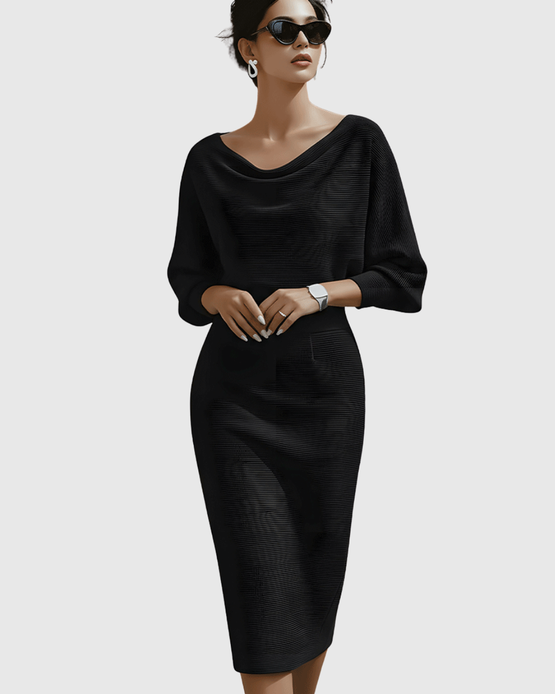 Elise | Women's Cowl Neck Midi Dress Black Long Sleeve