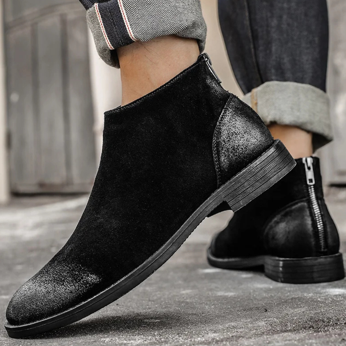 Axel | Men's Suede Leather Ankle Boots Black Zip Up