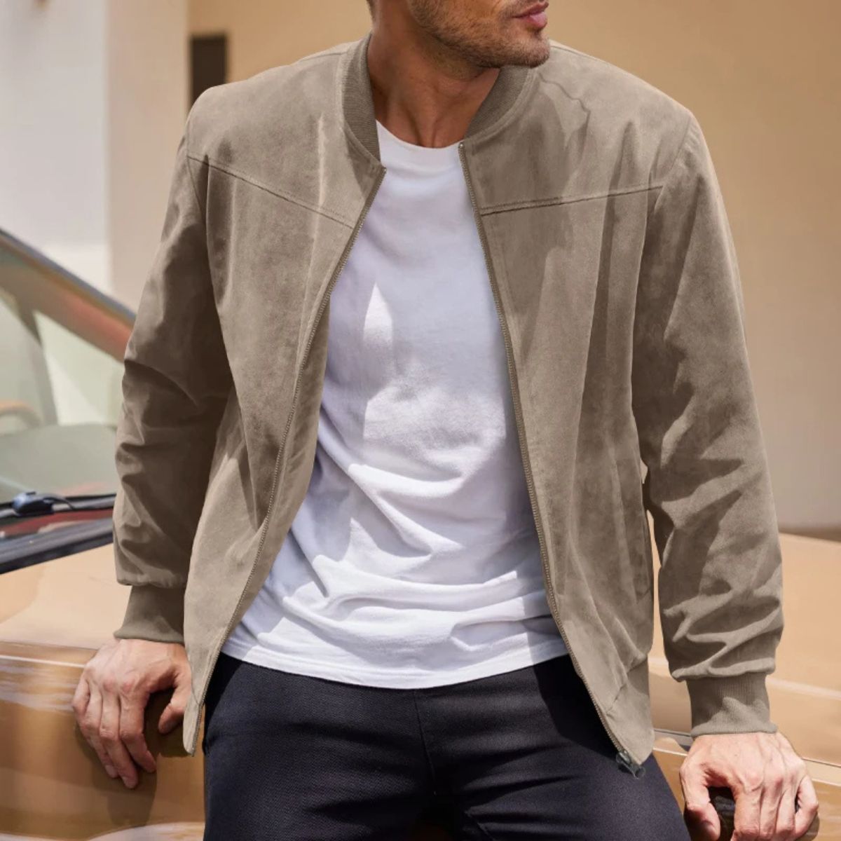 Marco | Men's Casual Suede Bomber Jacket Beige