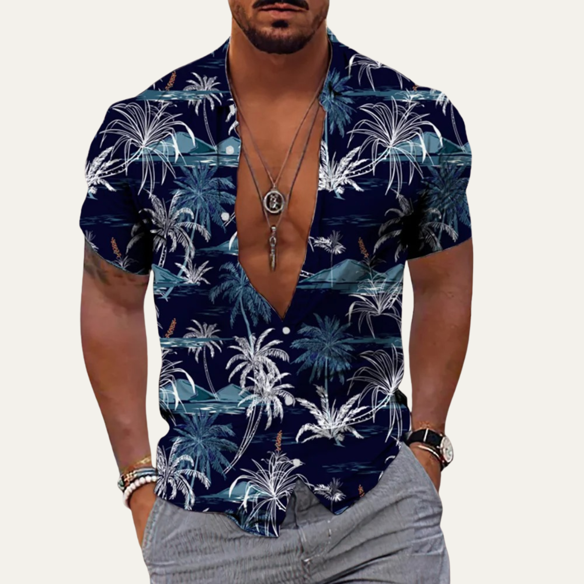 Jude | Men's Hawaiian Shirt Navy Palm Tree Print Short Sleeve