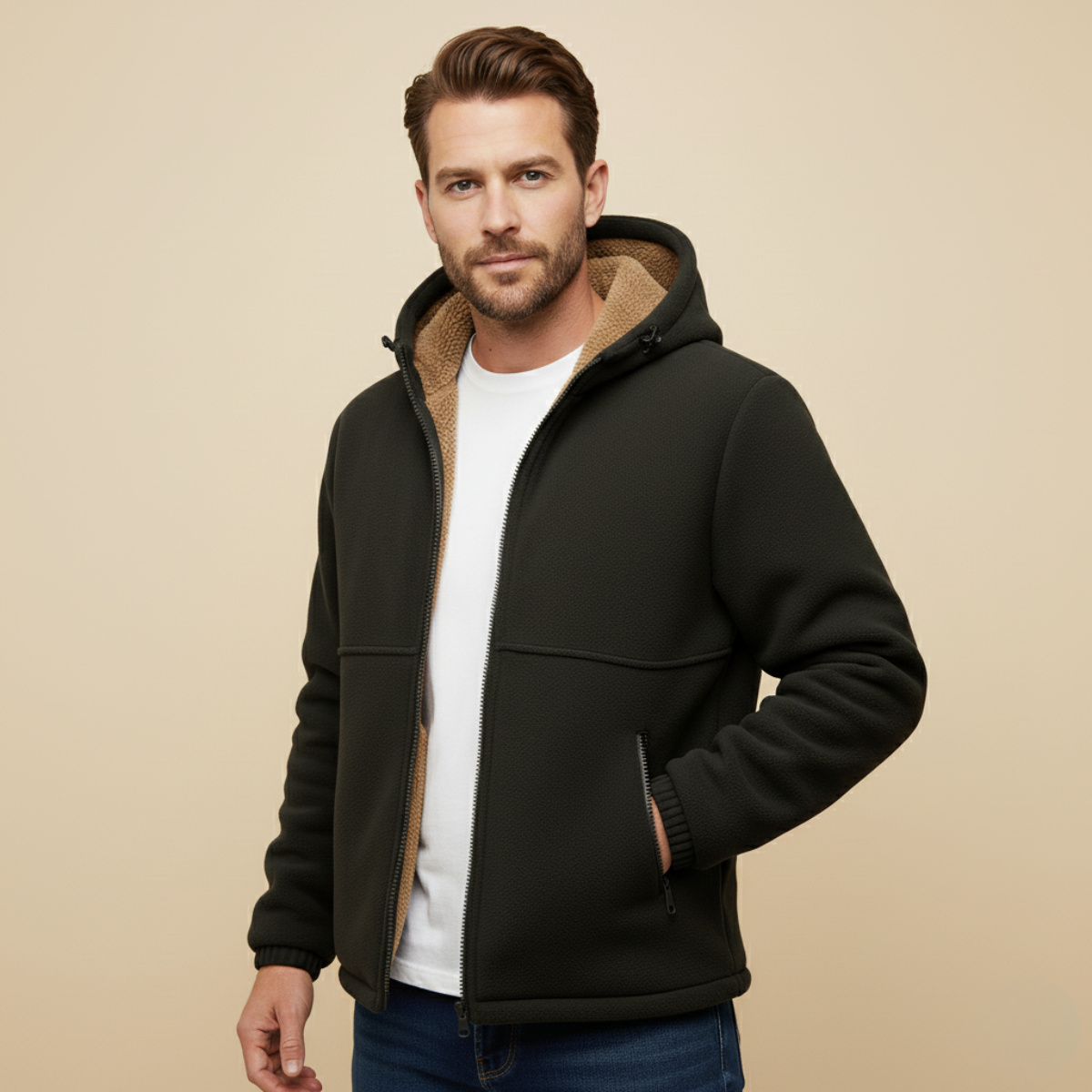 Rowan | Men's Sherpa Lined Fleece Jacket Camel Hooded
