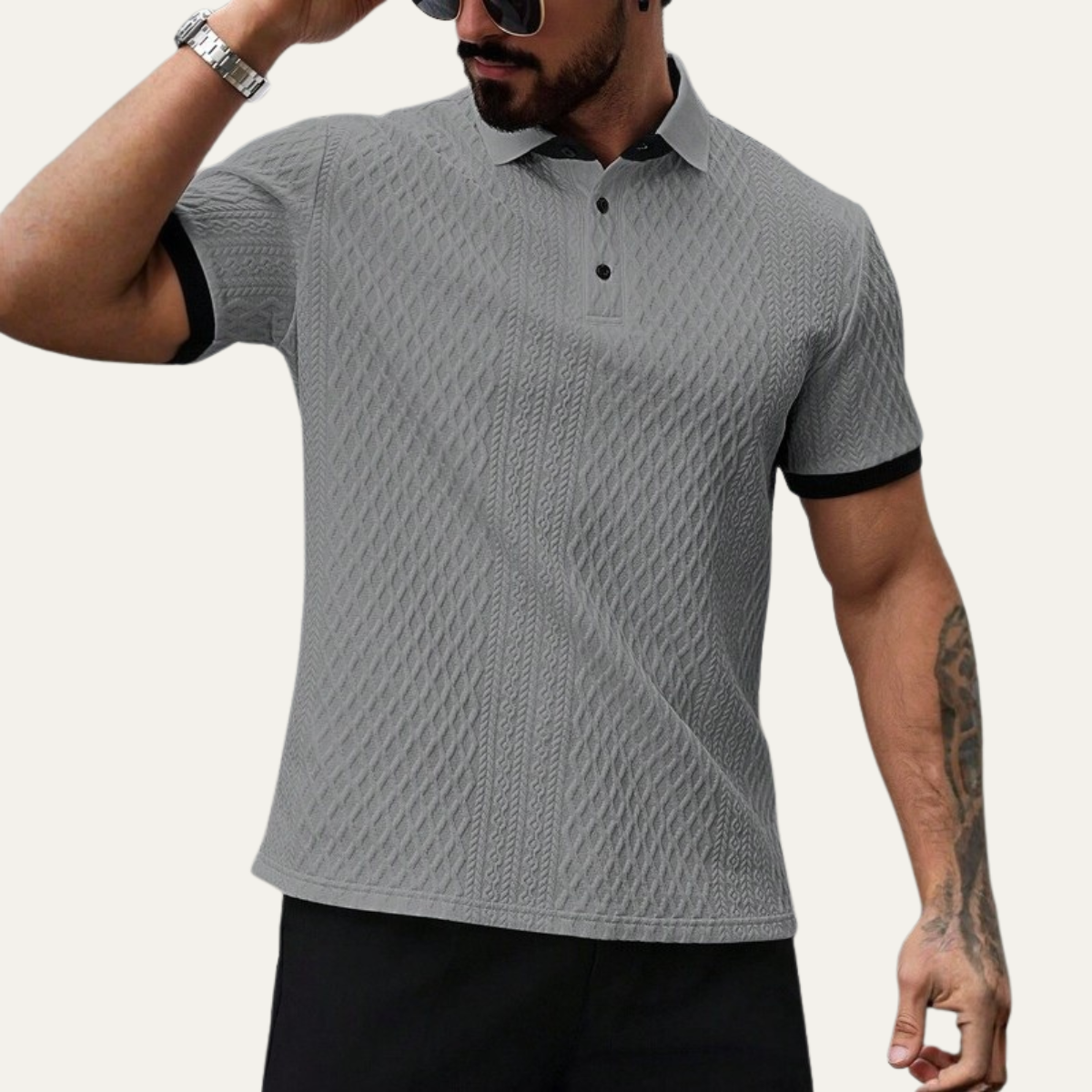 Bram | Men's Casual Textured Polo Shirt Gray Black Trim