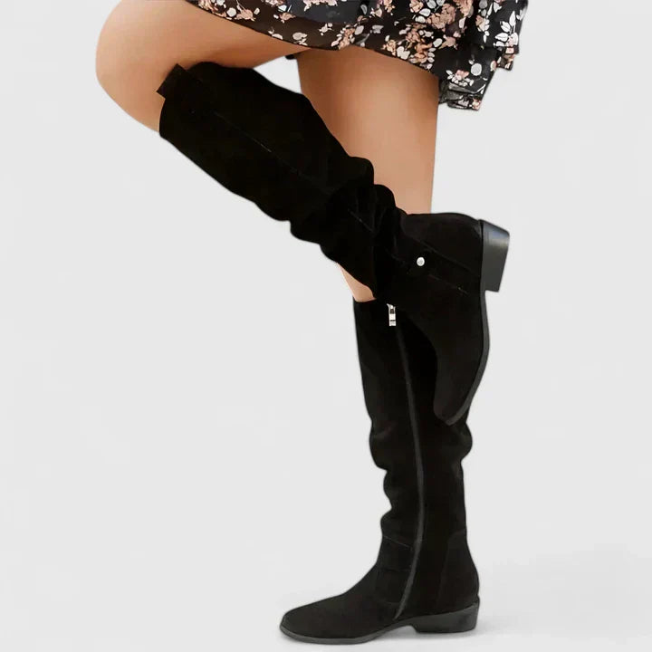 Maren | Women's Suede Knee High Boots Cream Buckle Detail