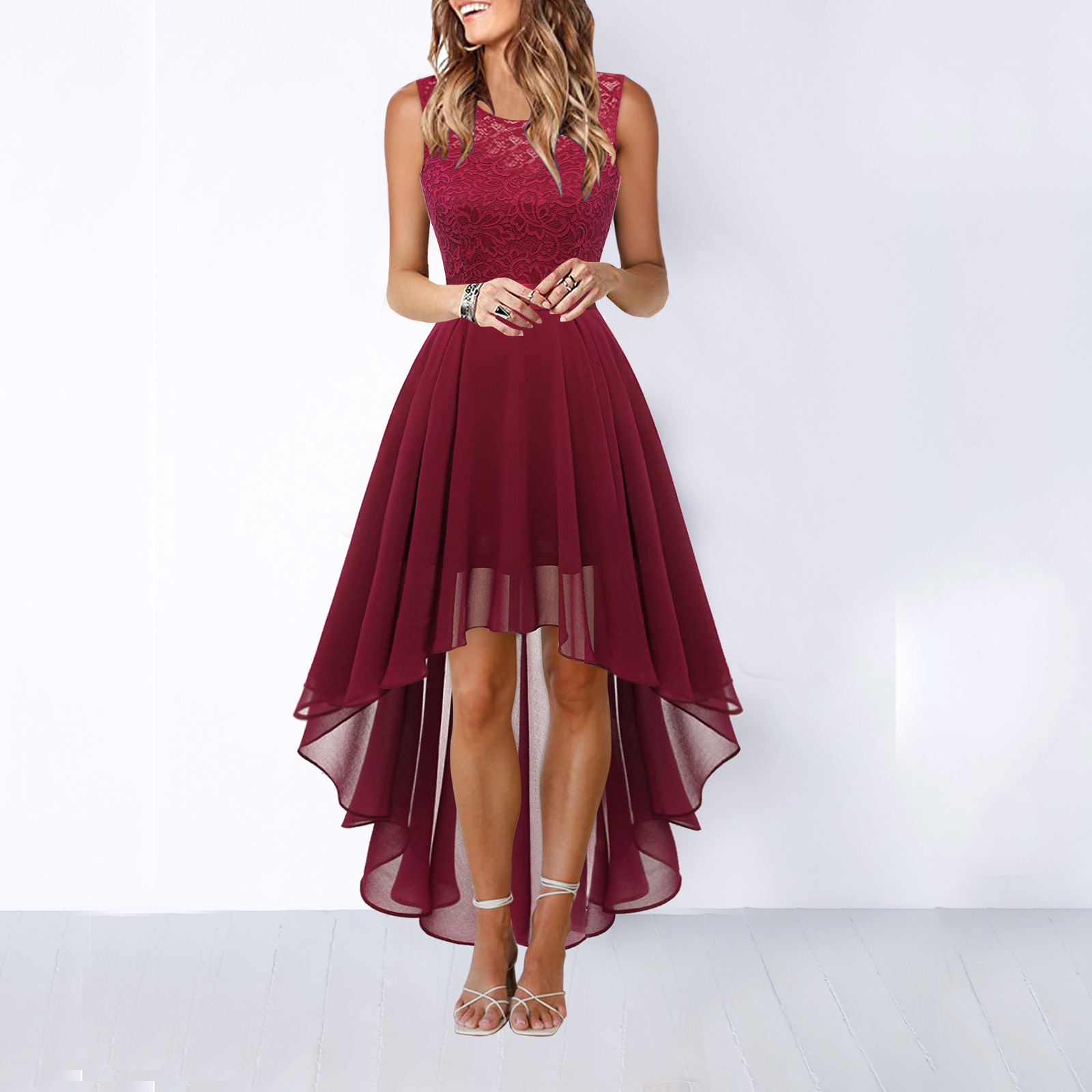 Lola | Women's High Low Formal Dress Burgundy Lace