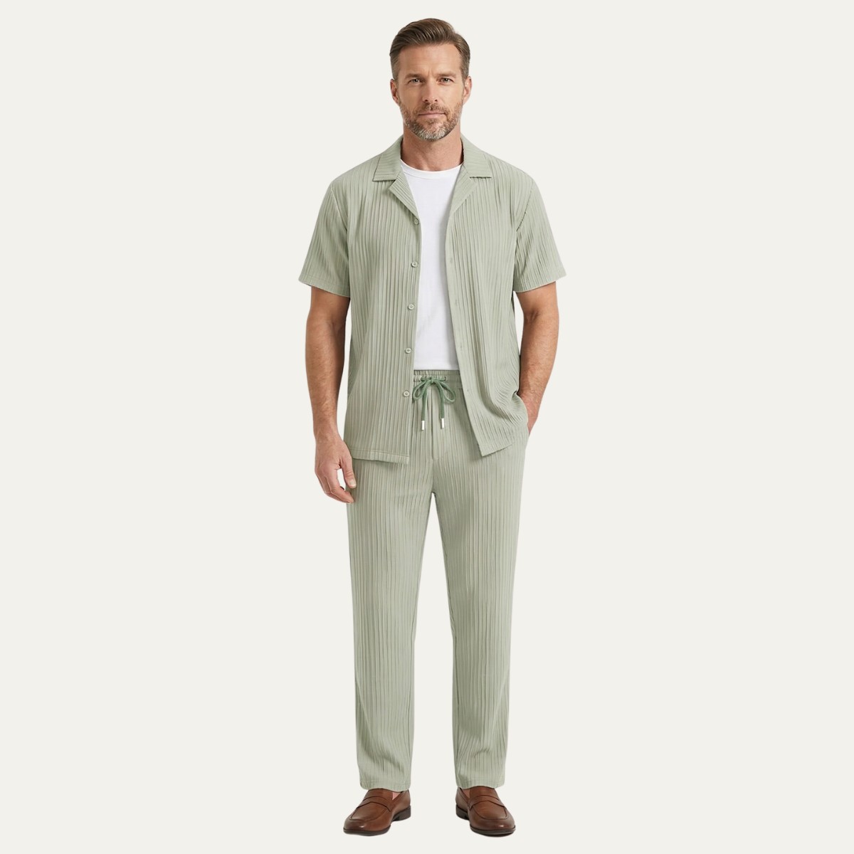 Axel | Men's Casual Pinstripe Linen Set Navy Short Sleeve