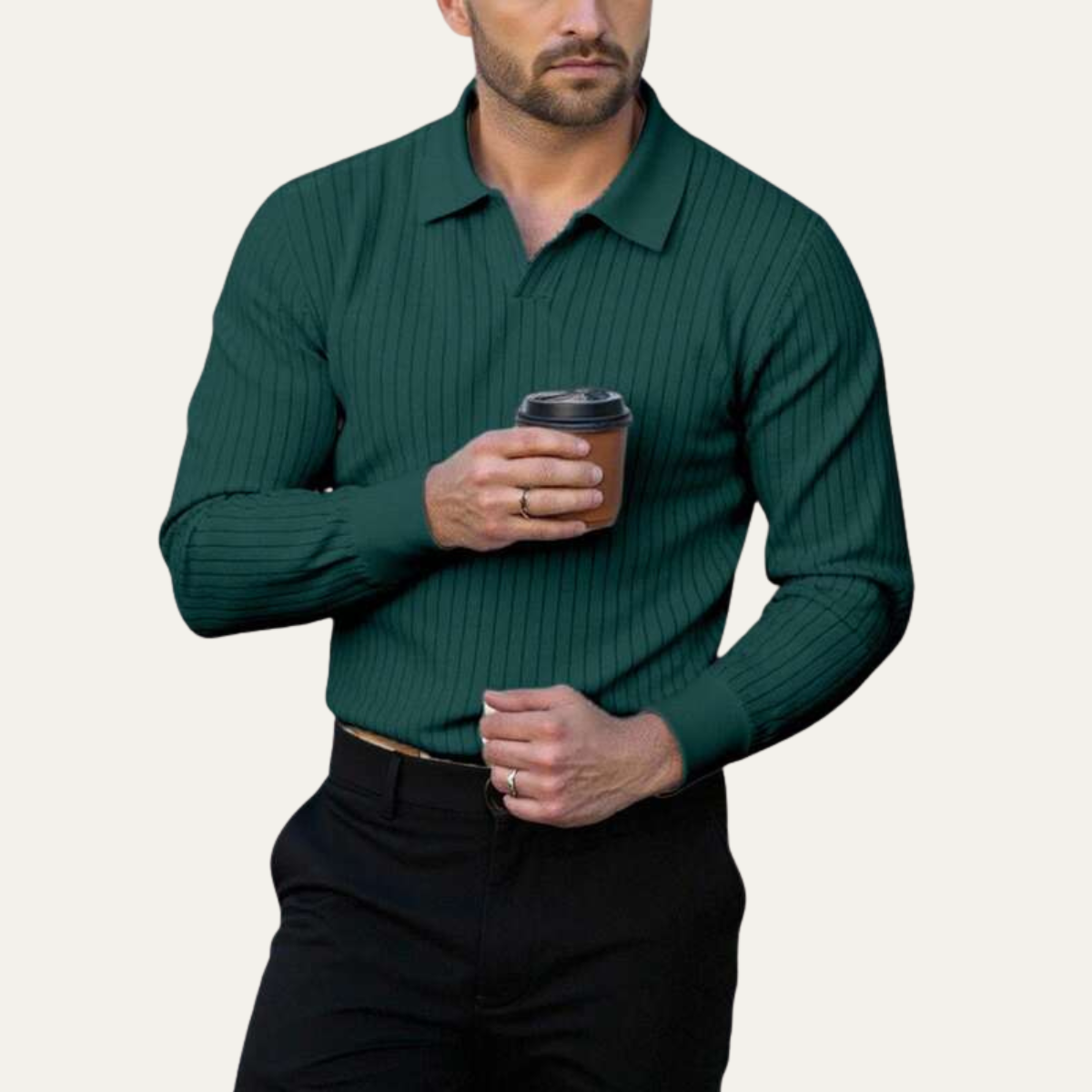 Bram | Men's Ribbed Knit Polo Shirt Deep Green Long Sleeve