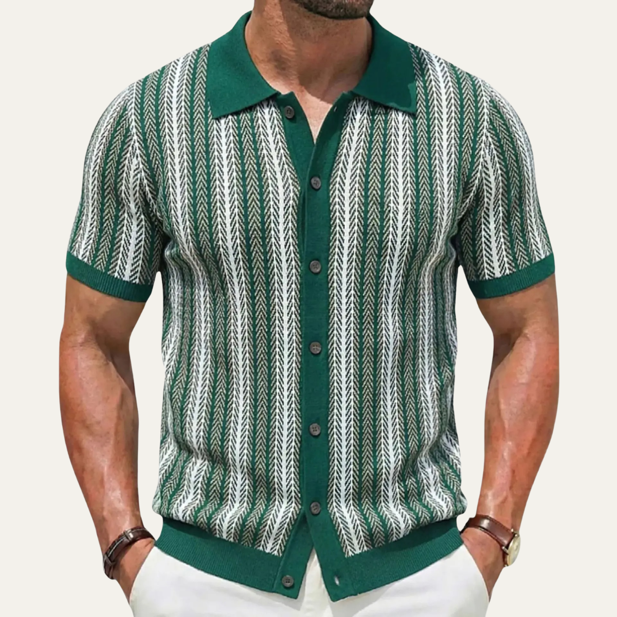 Beau | Men's Striped Knit Polo Shirt Red Brown Short Sleeve