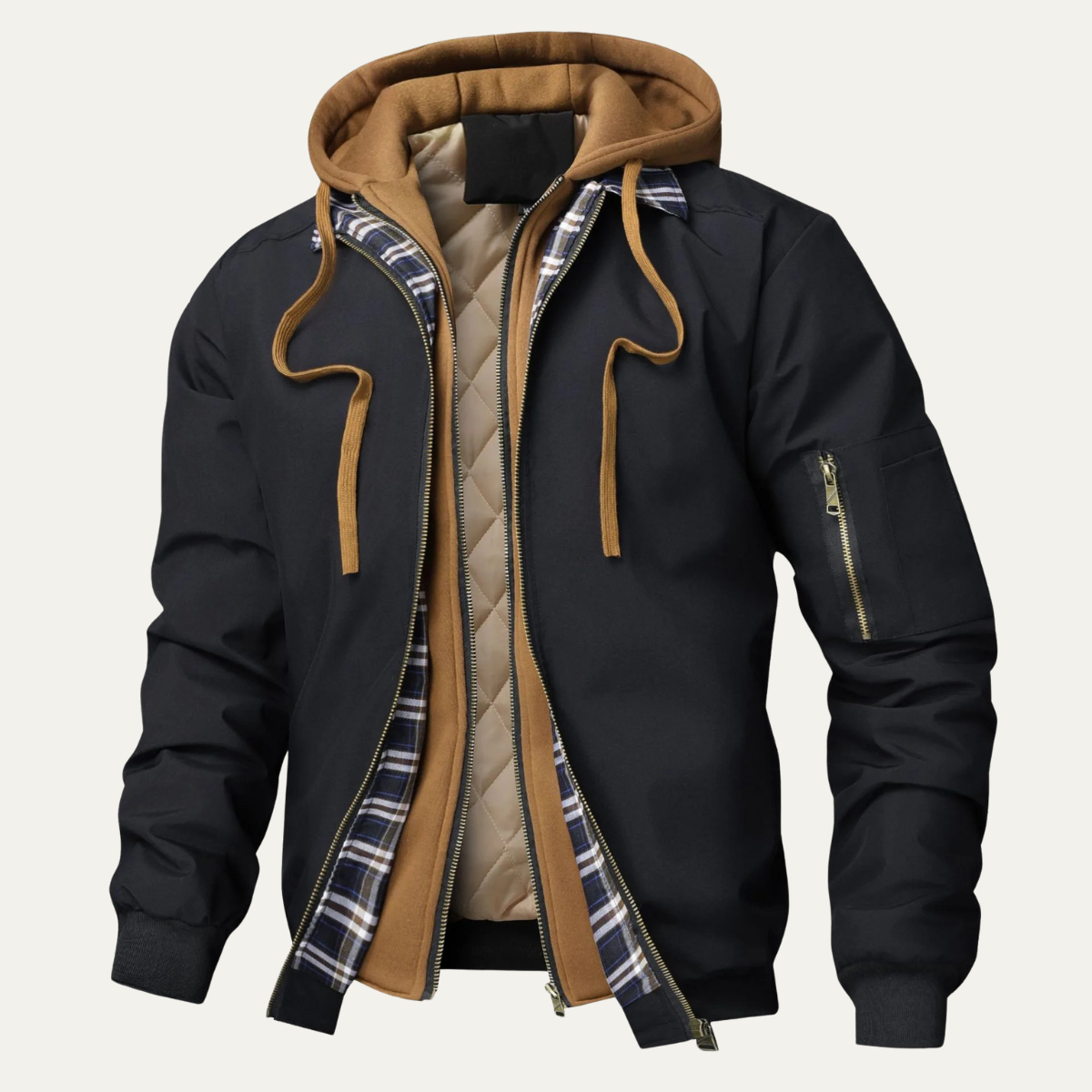 Axel | Men's Bomber Jacket Black Camel Hooded Layered