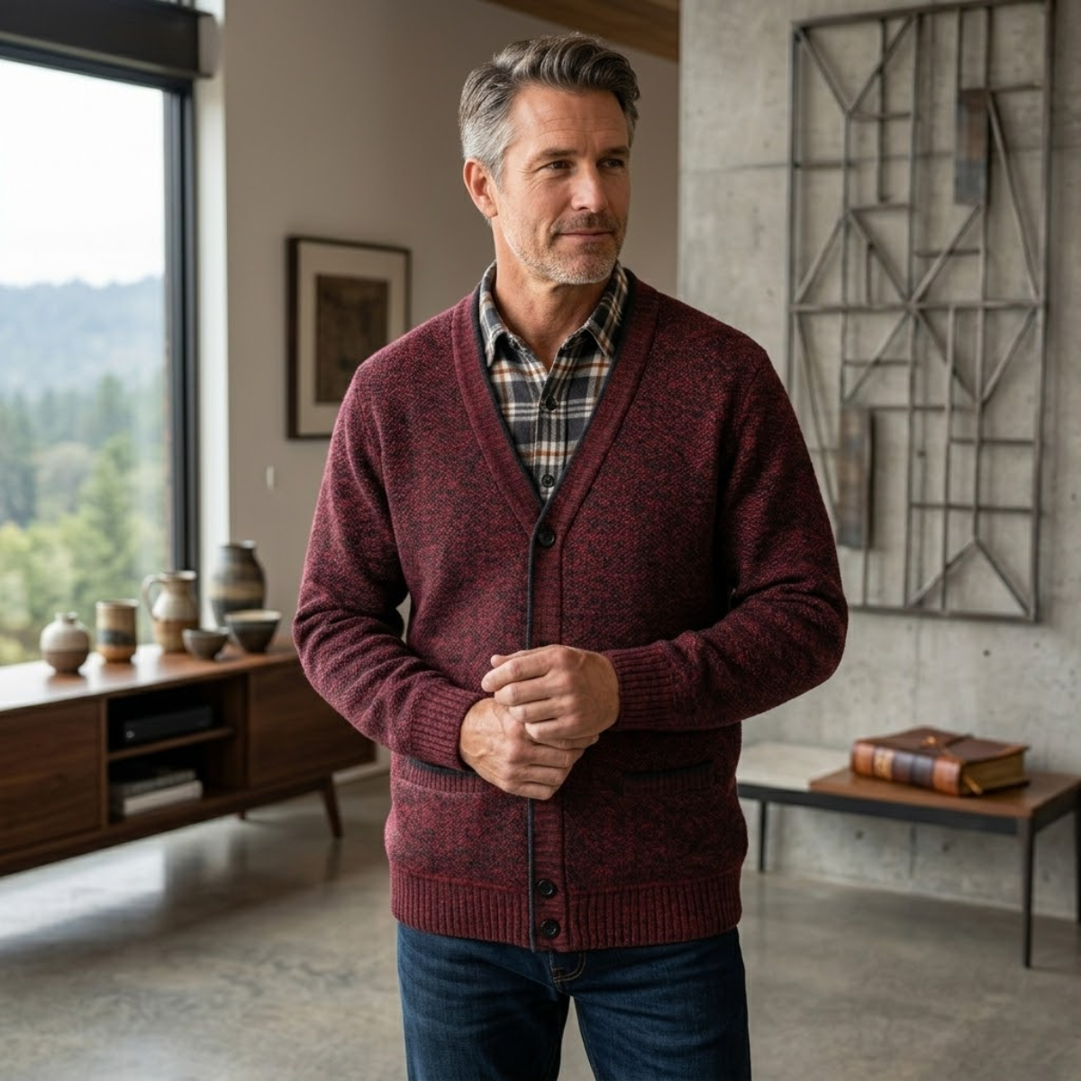 Beau | Men's Cardigan Gray Cable Knit Button Up Pockets