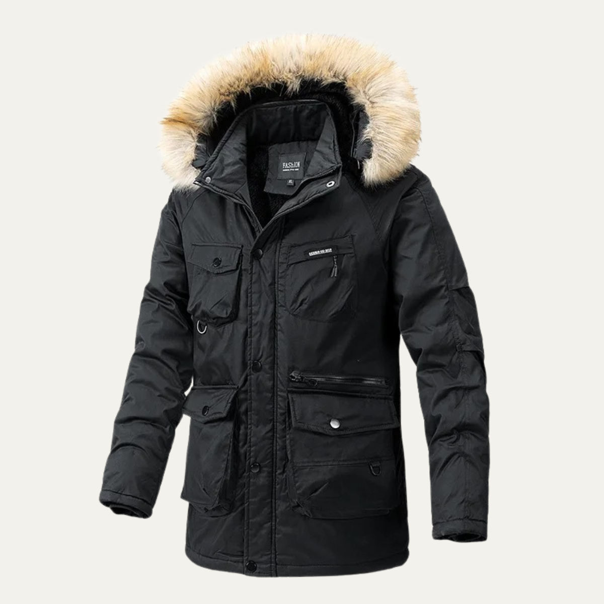 Rowan | Men's Puffer Coat Tan Faux Fur Hood Multiple Pocket