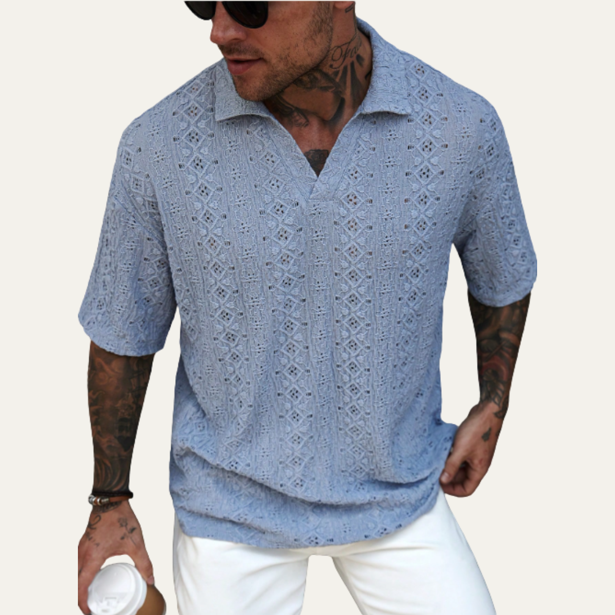 Beau | Men's Boho Linen Shirt Light Blue Geometric Pattern