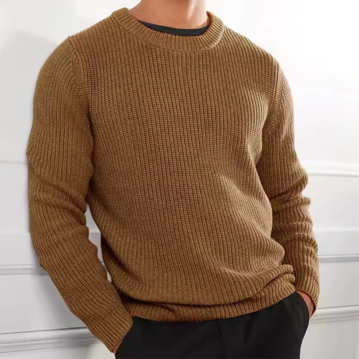 Ives | Men's Ribbed Crew Neck Sweater Brown Merino Wool