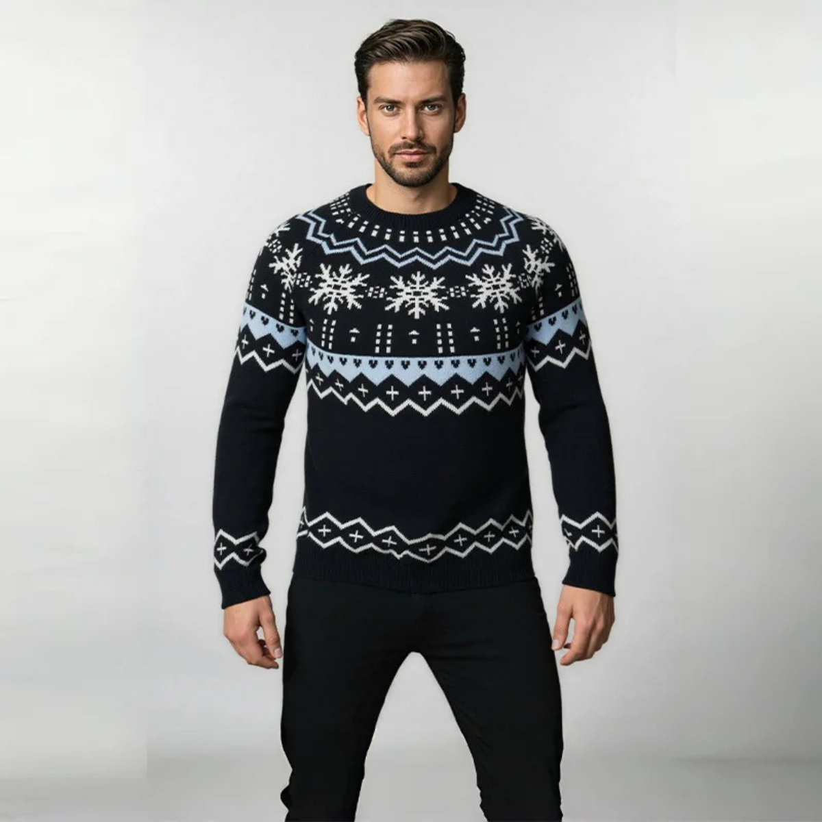 Ash | Men's Crew Neck Snowflake Sweater Cream Light Blue Black