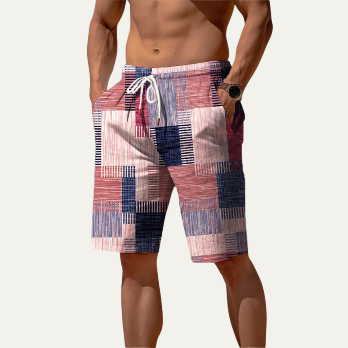 Beau | Men's Casual Board Shorts Yellow Purple Plaid