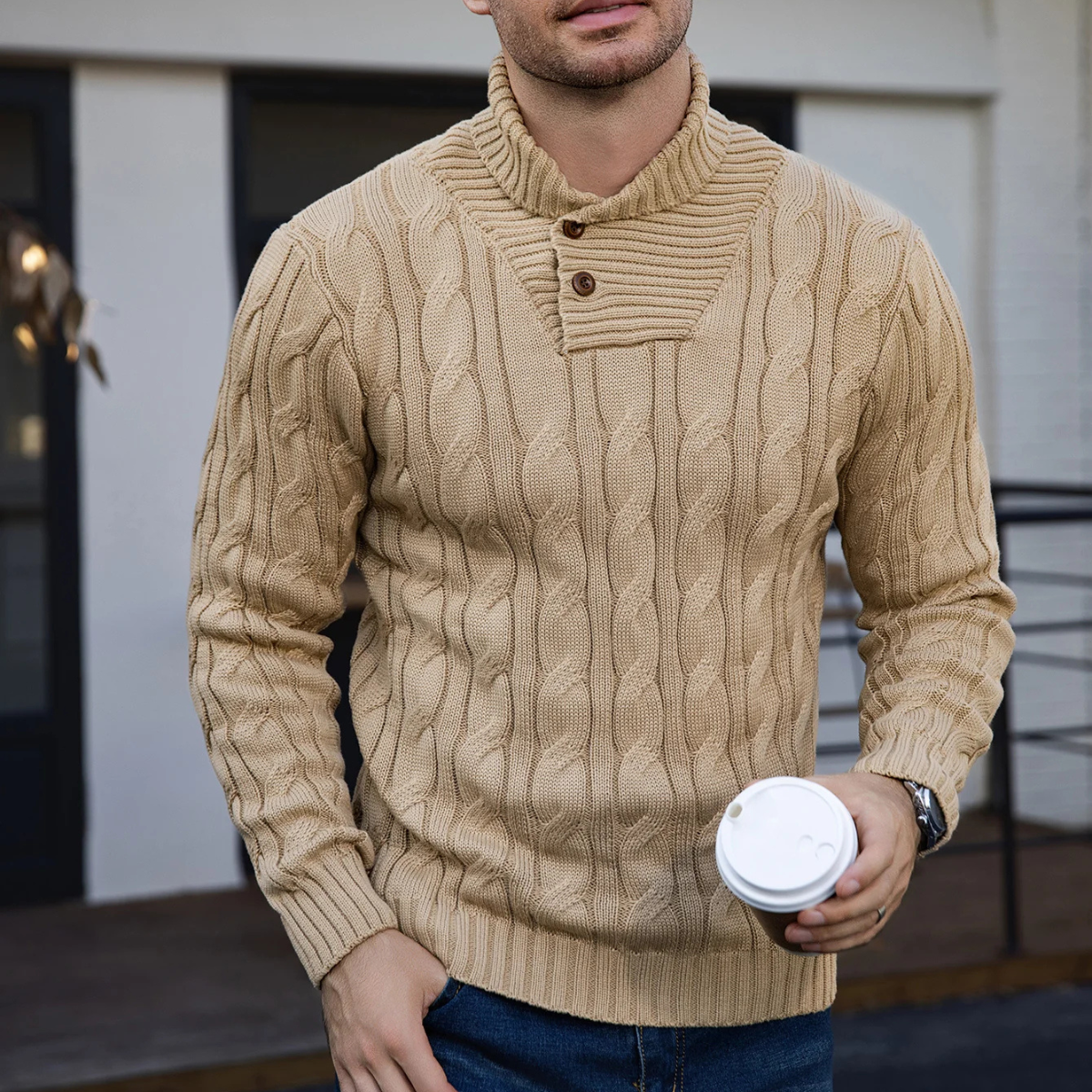 Rowan | Men's Cable Knit Shawl Collar Sweater Cream Button Neck
