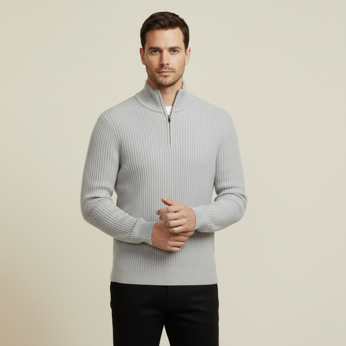Wren | Men's Quarter Zip Sweater Black Ribbed Knit