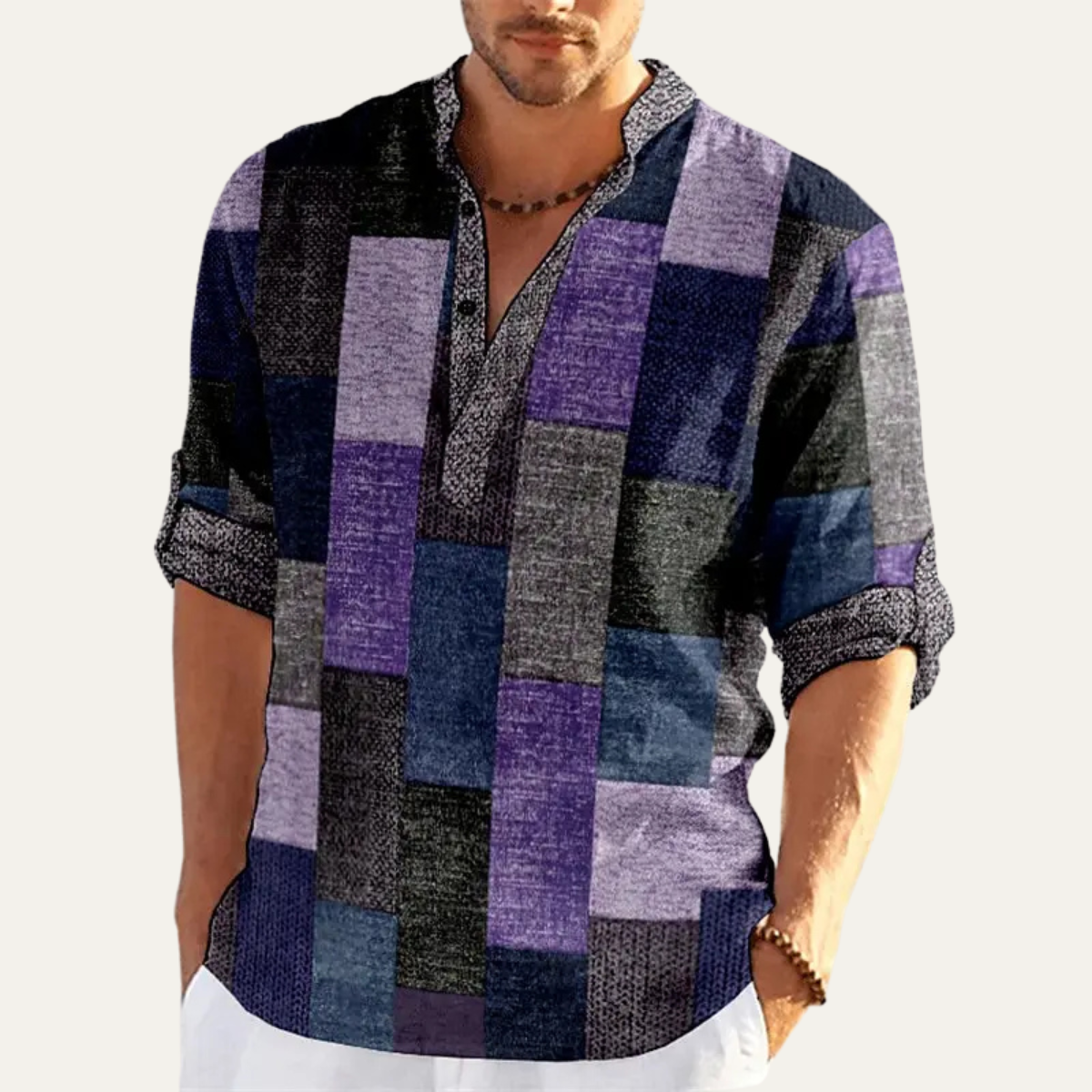 Axel | Men's Patchwork Casual Button Up Shirt Blue Green Black