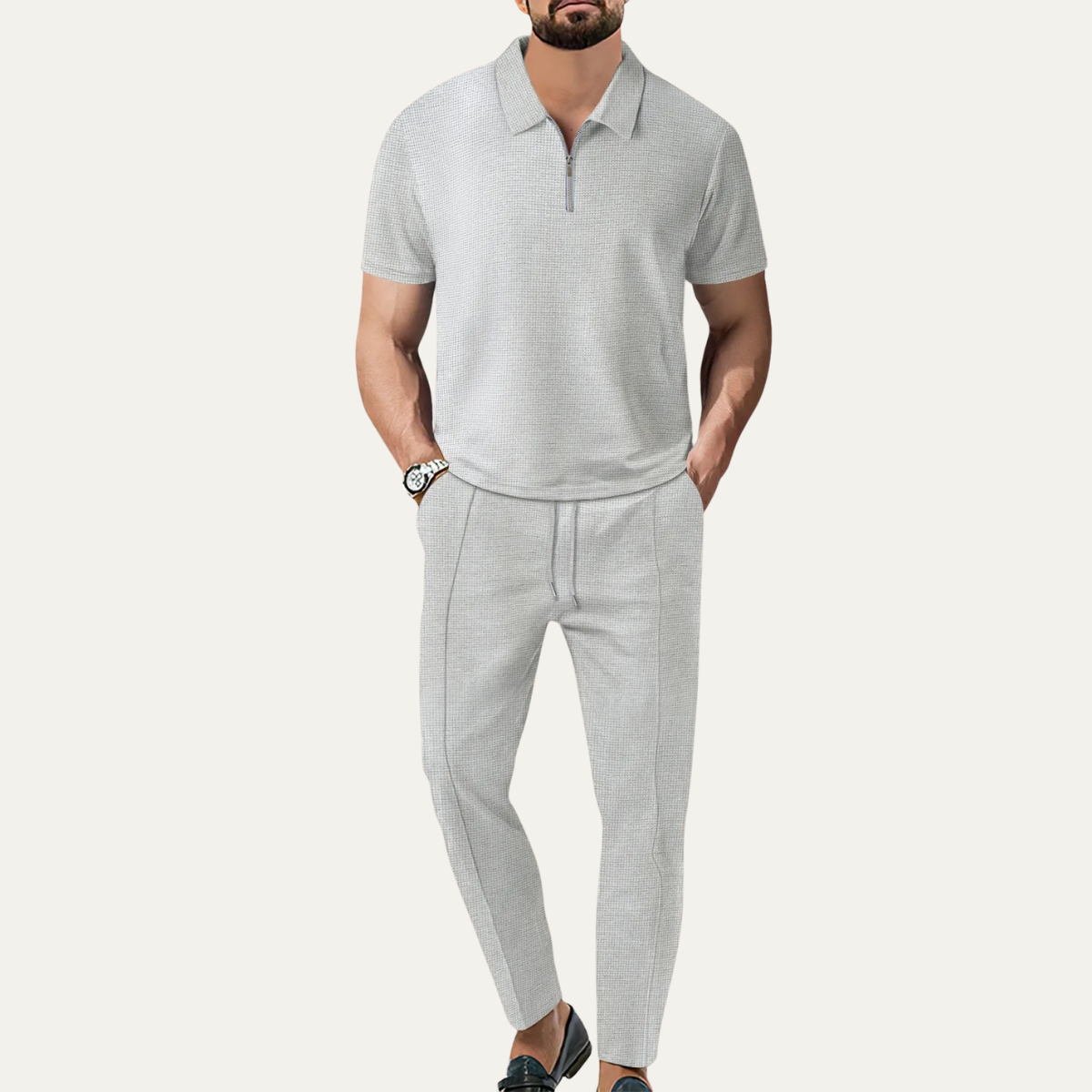 Ezra | Men's Sweatsuit Blue Textured Short Sleeve Zip Polo