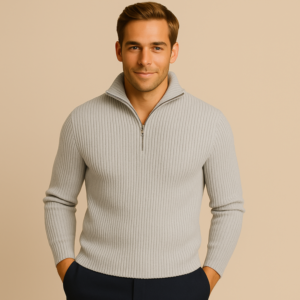 Cleo | Men's Quarter Zip Sweater Cream Ribbed Knit
