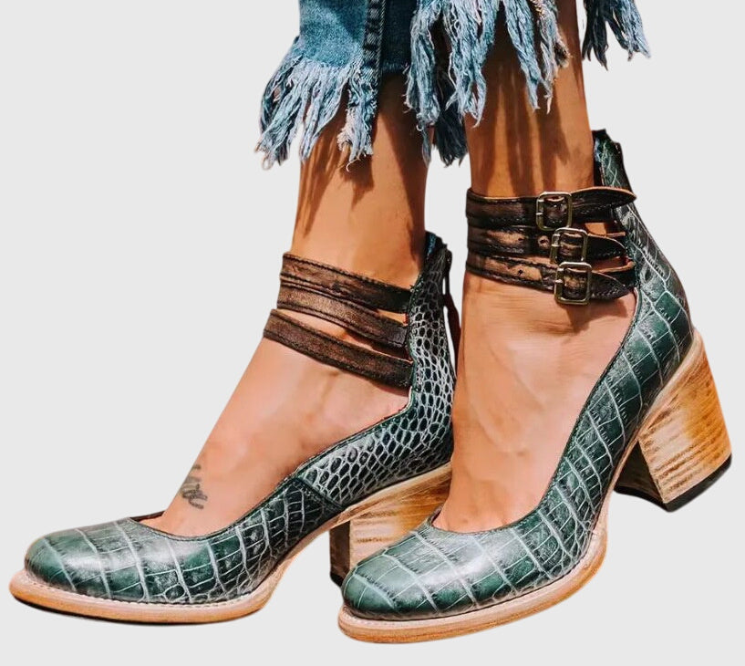 Rue | Women's Leather Block Heel Bootie Brown Buckle Strap