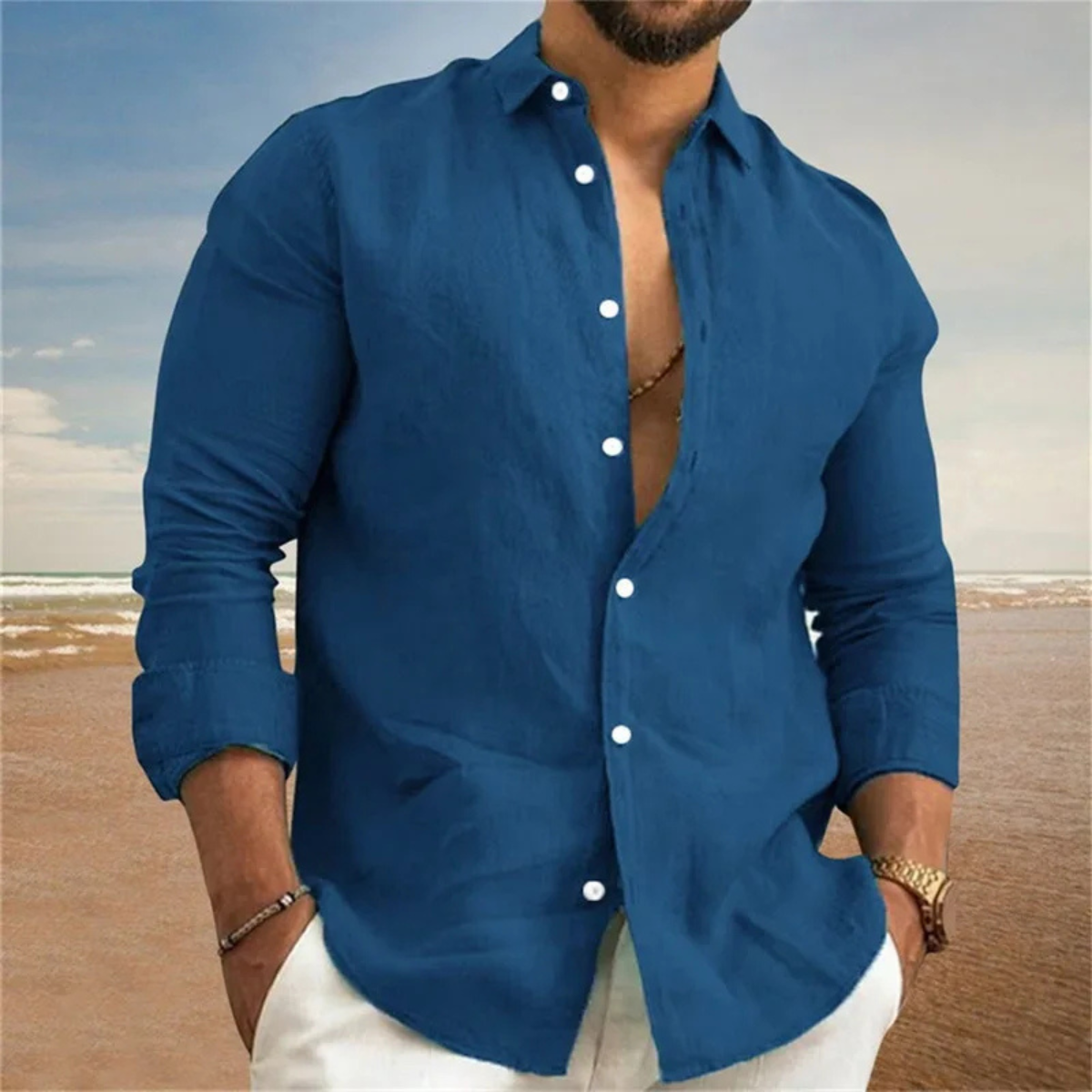 Beau | Men's Linen Button Up Shirt Navy Long Sleeve