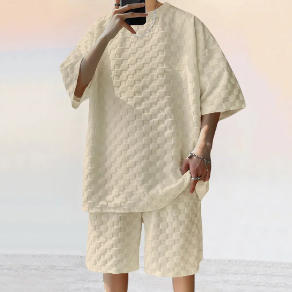 Axel | Men's Oversized Quilted T Shirt Shorts Set Cream