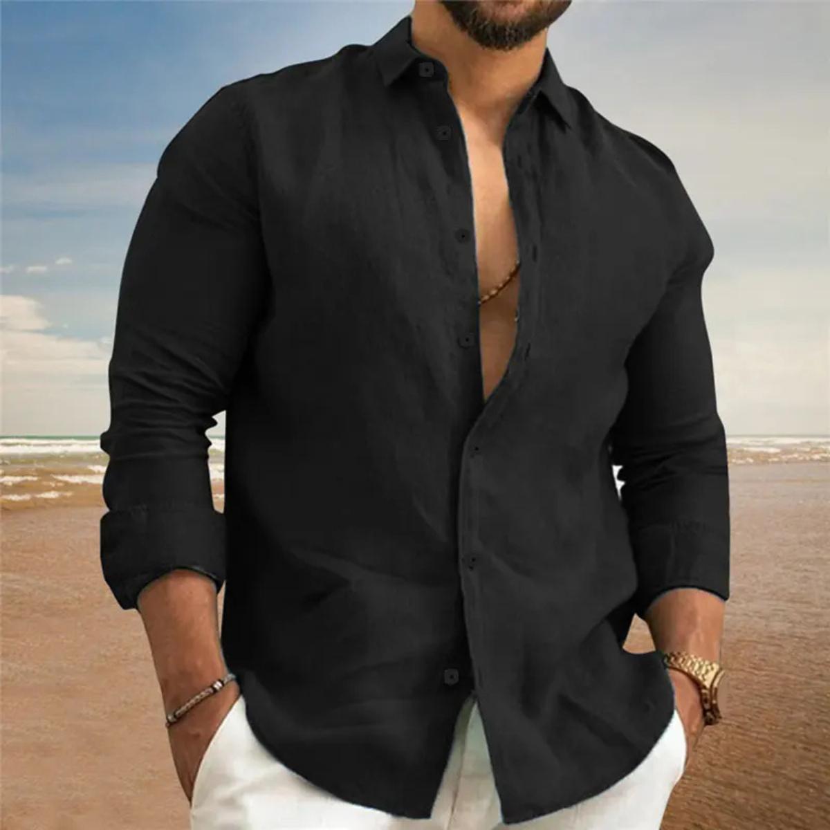 Beau | Men's Linen Button Up Shirt Navy Long Sleeve