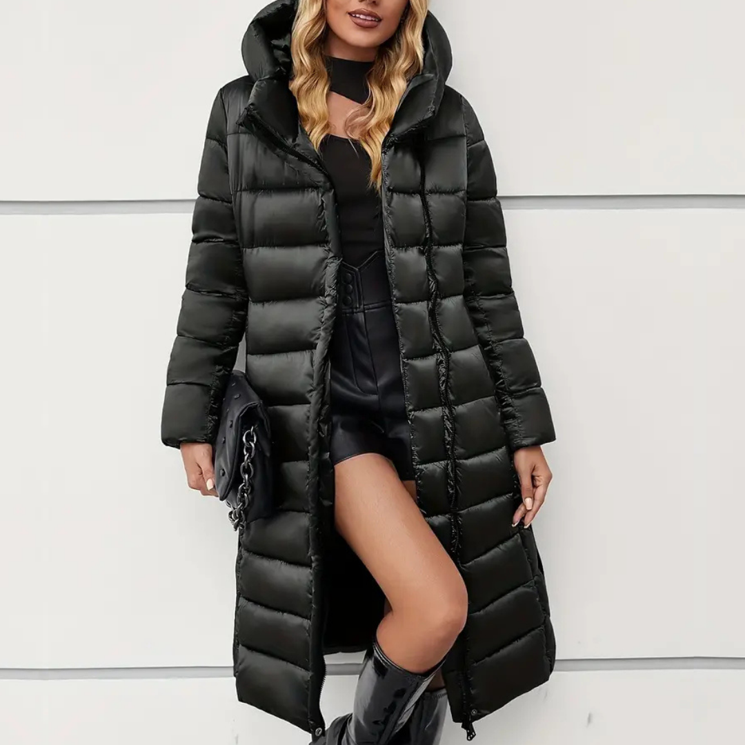 Mia | Women's Long Puffer Coat Black Belted