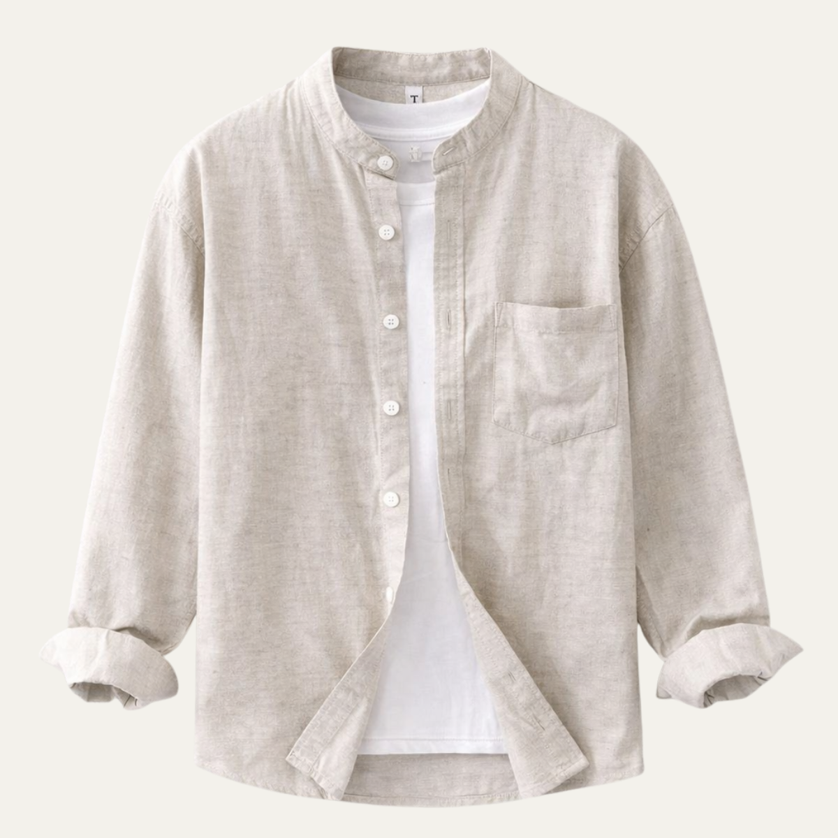 Otto | Men's Casual Linen Button Up Shirt Cream Mandarin Collar