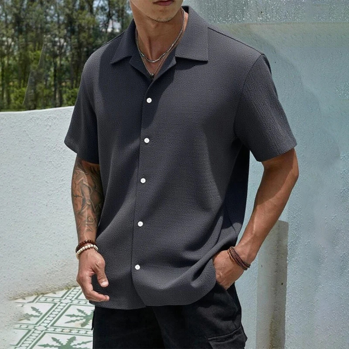 Axel | Men's Cream Button Up Shirt Short Sleeve Textured Casual