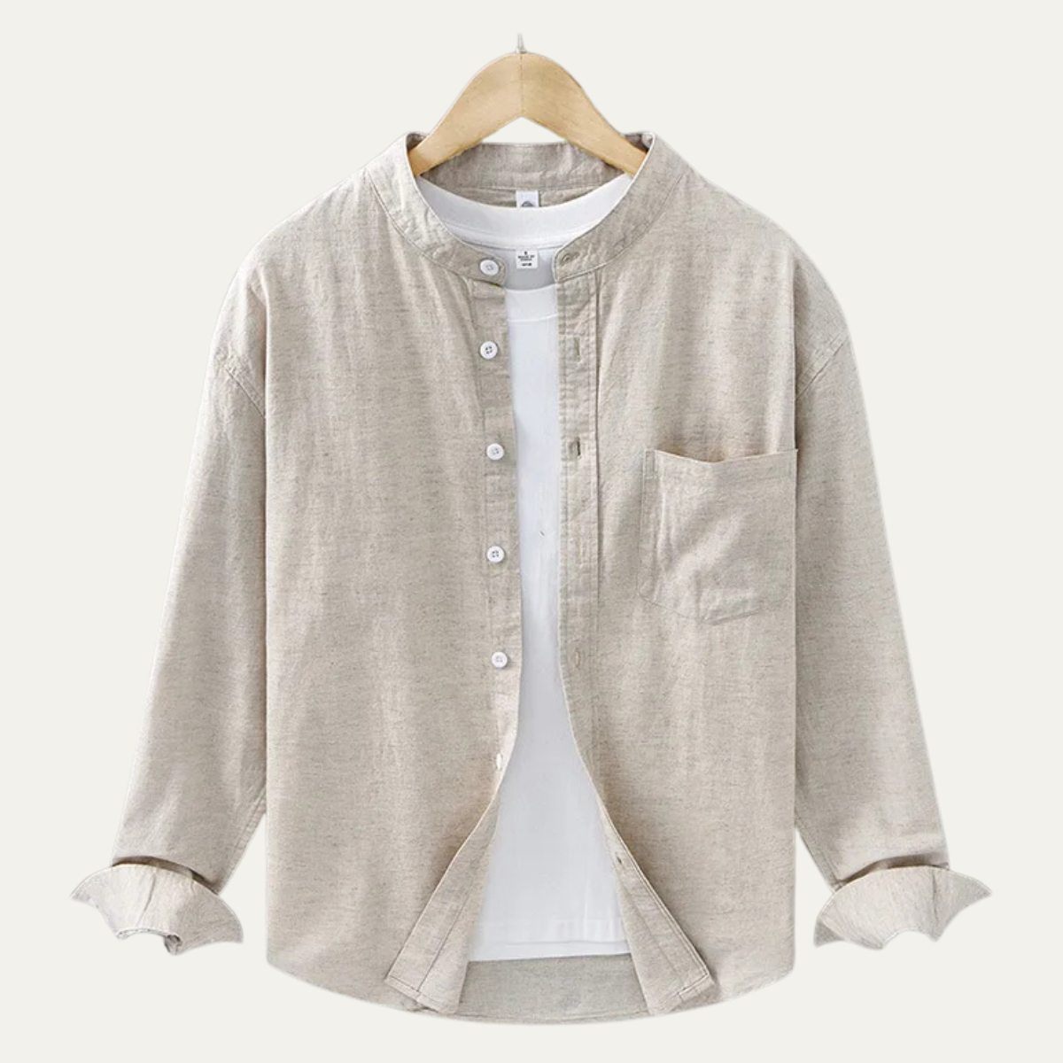 Otto | Men's Casual Linen Button Up Shirt Cream Mandarin Collar