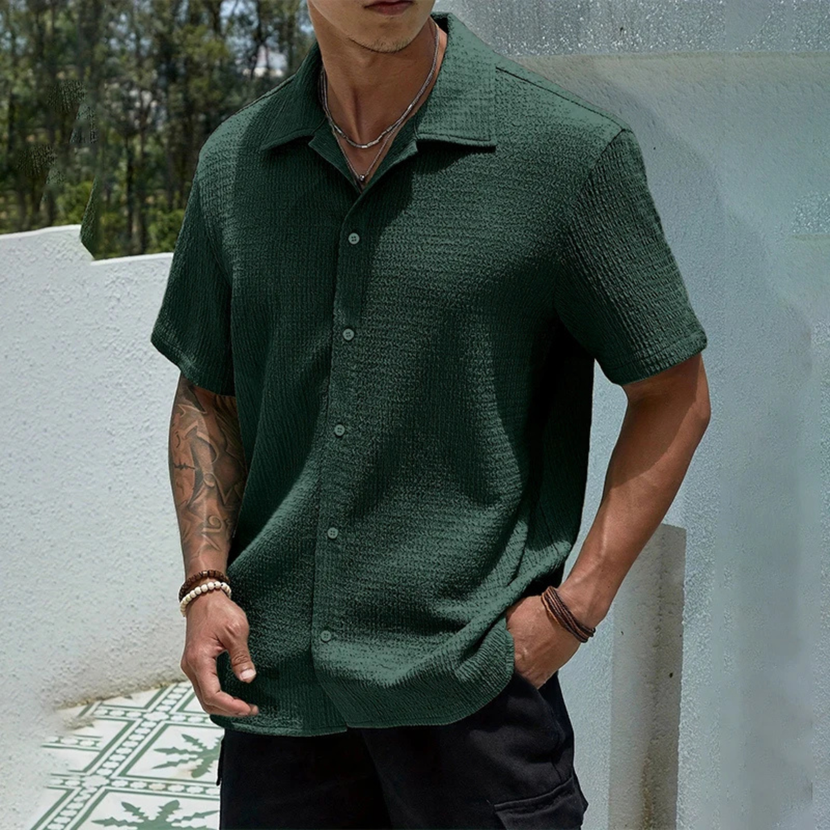 Axel | Men's Cream Button Up Shirt Short Sleeve Textured Casual