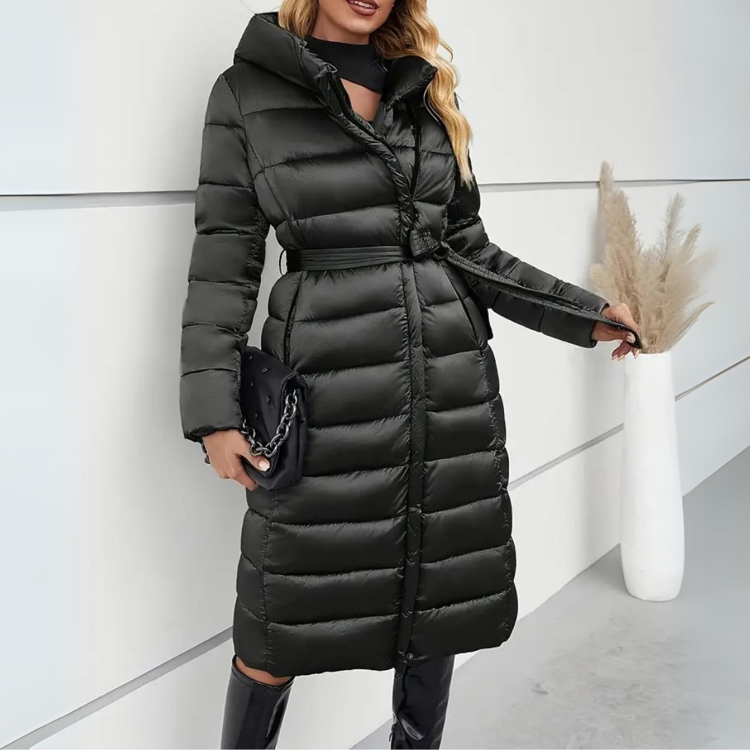 Mia | Women's Long Puffer Coat Black Belted