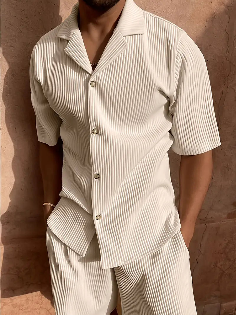 Elise | Men's Ribbed Shorts Set Cream Button Up
