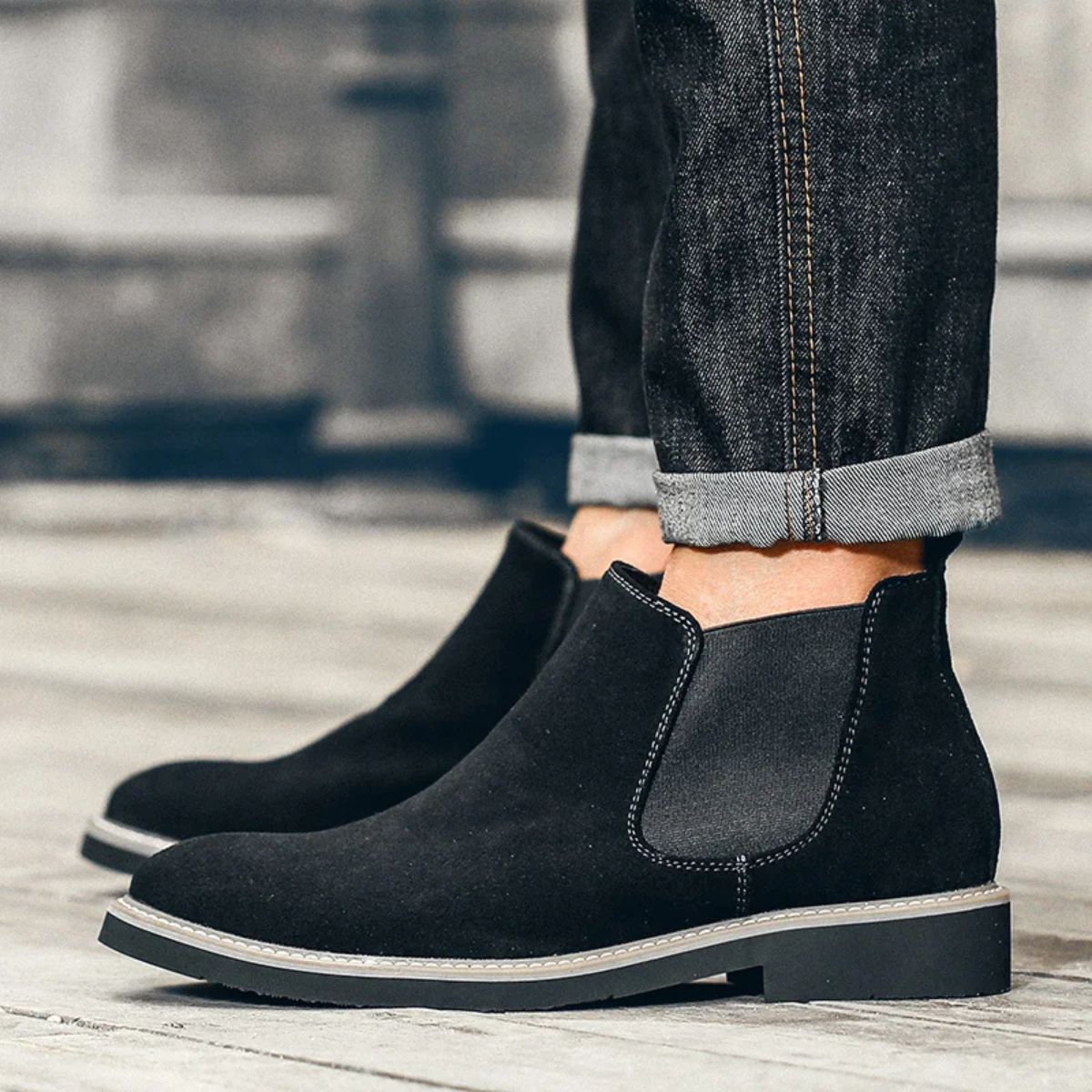 Tate | Men's Chelsea Boot Black Suede Contrast Stitch