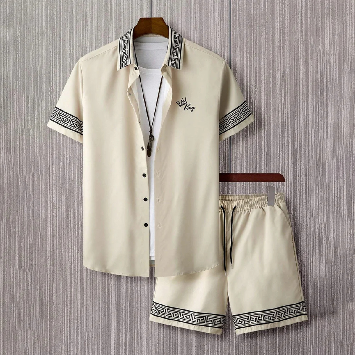 Axel | Men's Matching Set Teal Greek Key Short Sleeve Shirt Shorts