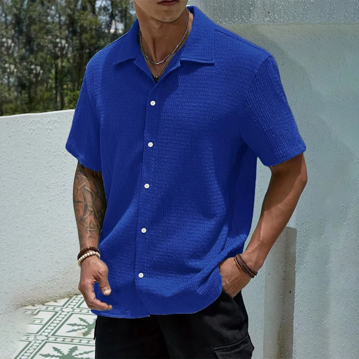 Axel | Men's Cream Button Up Shirt Short Sleeve Textured Casual