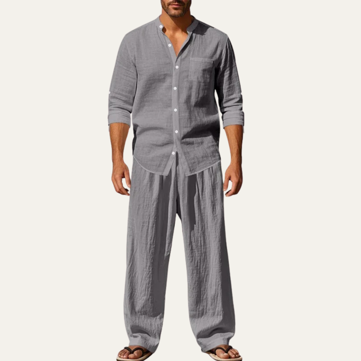 Sage | Men's Linen Lounge Set Cream Button Up Shirt Wide Leg Pants