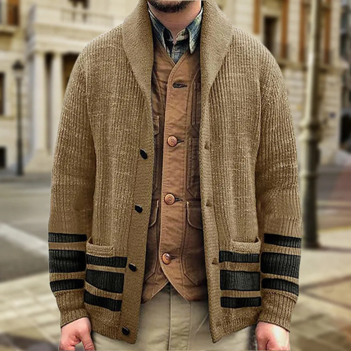 Callum | Men's Cardigan Sweater Beige Black Stripe Shawl Collar