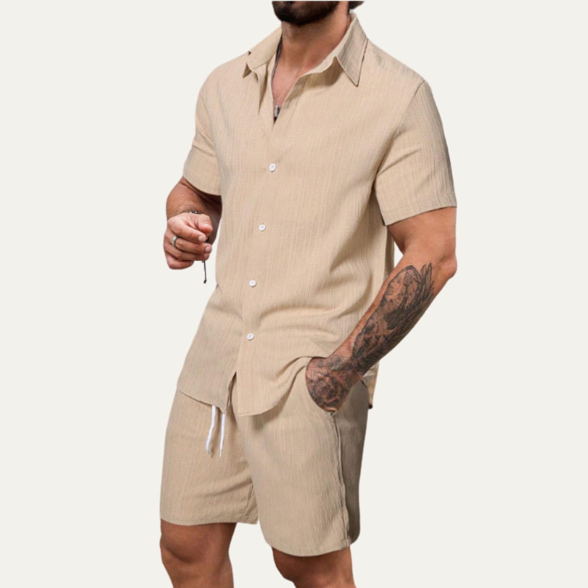 Roan | Men's Casual Linen Button Up Shorts Set Cream