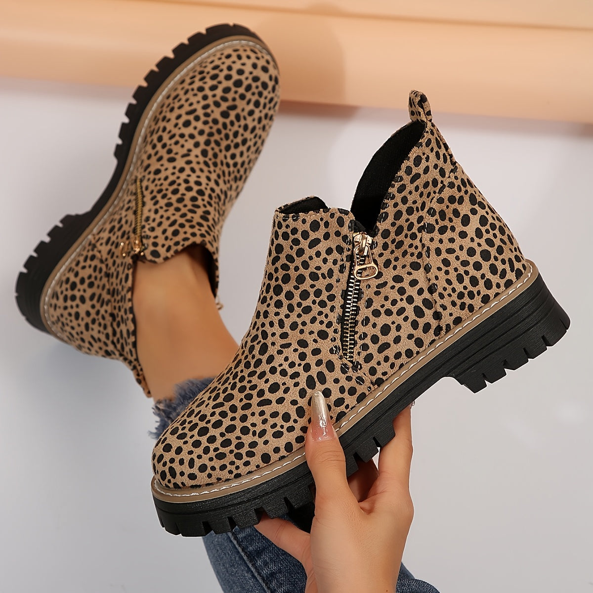 Nina | Women's Leopard Print Ankle Boots Black Lug Sole