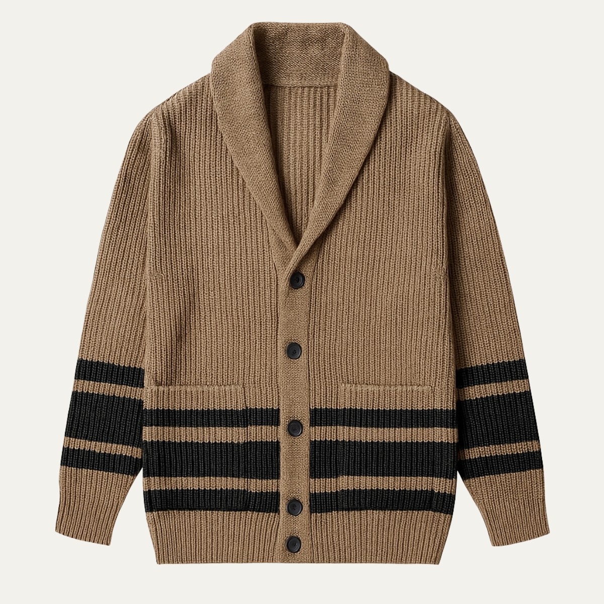 Callum | Men's Cardigan Sweater Beige Black Stripe Shawl Collar