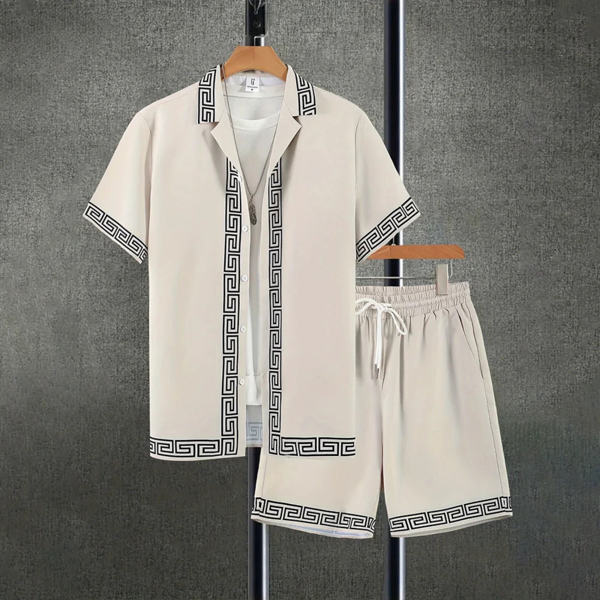 Axel | Men's Sweatsuit Cream Greek Key Print Short Sleeve