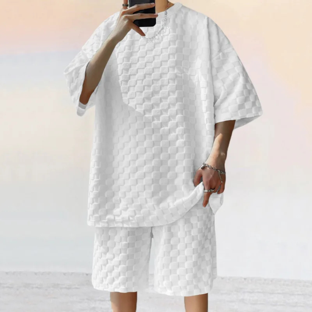 Axel | Men's Oversized Quilted T Shirt Shorts Set Cream