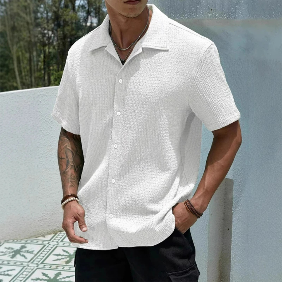 Callum | Men's White Textured Camp Collar Shirt