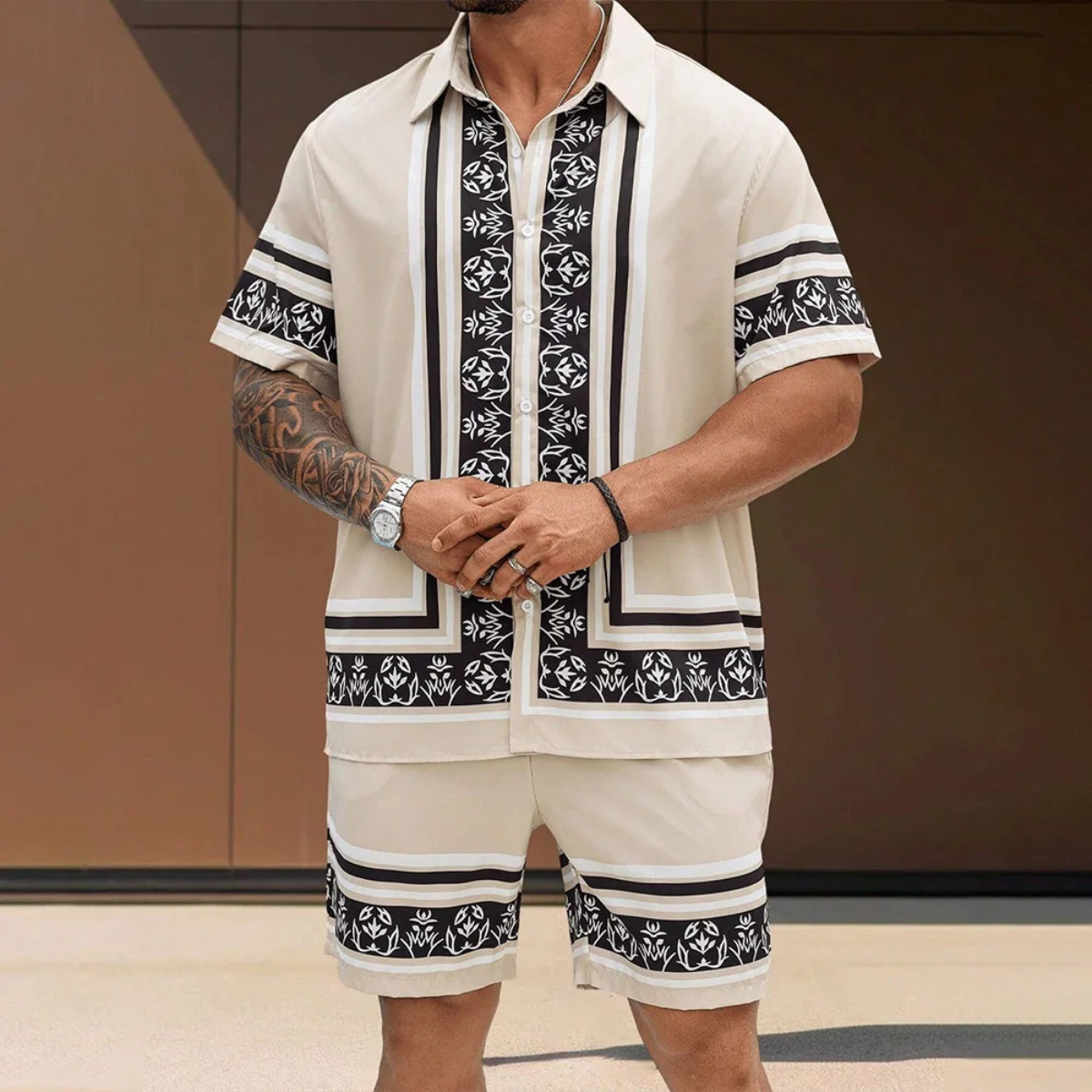 Axel | Men's Sweatsuit Cream Greek Key Print Short Sleeve