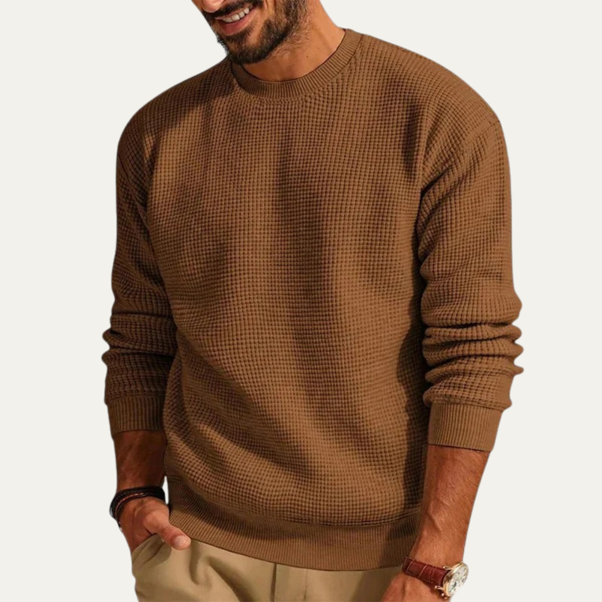 Bram | Men's Crew Neck Sweater Cream Textured Knit