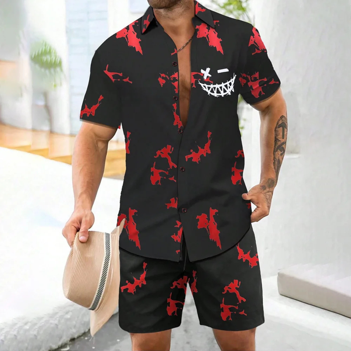 Axel | Men's Sweatsuit Cream Greek Key Print Short Sleeve
