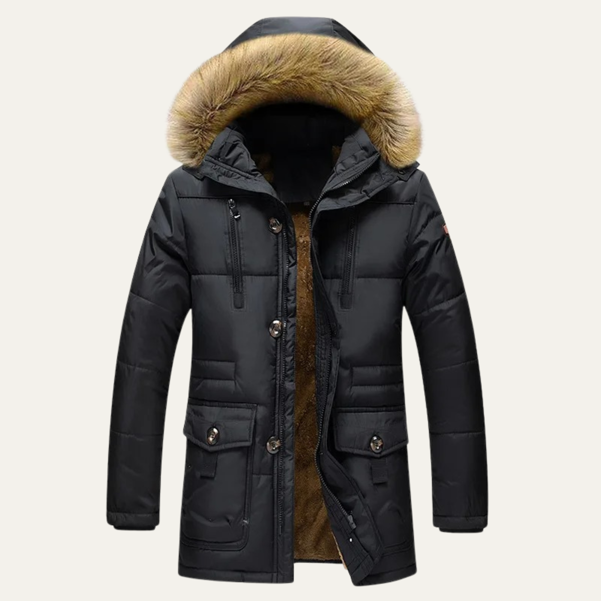 Wyatt | Men's Puffer Coat Khaki Quilted Fur Hood Winter