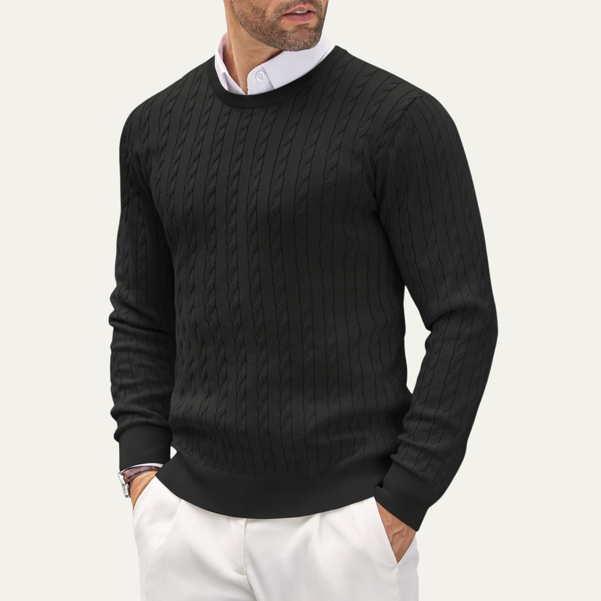 Axel | Men's Cable Knit Sweater Camel Crew Neck